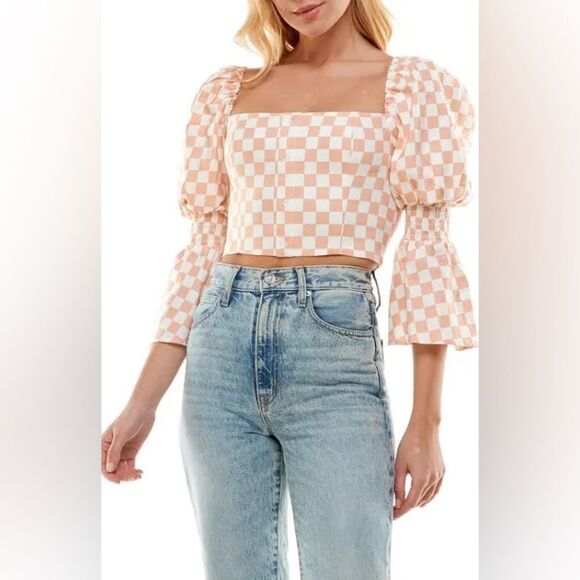 WAYF With Love Juliet Sleeve Linen Blend Blouse in Peach Checker - Picture 10 of 10